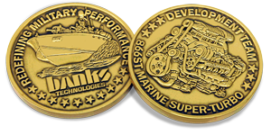 Challenge coin minted to commemorate successful testing of Banks marine Super Turbo on the water