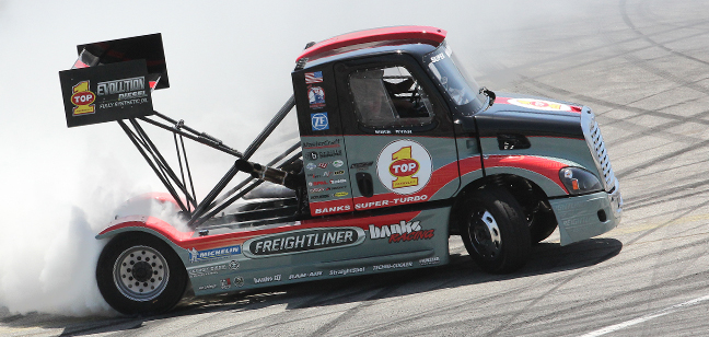 Mike Ryan's Banks Super-Turbo Freightliner doing shakedown testing at Irwindale Speedway before heading out to Colorado to compete in the 2013 Pikes Peak International Hill Climb.